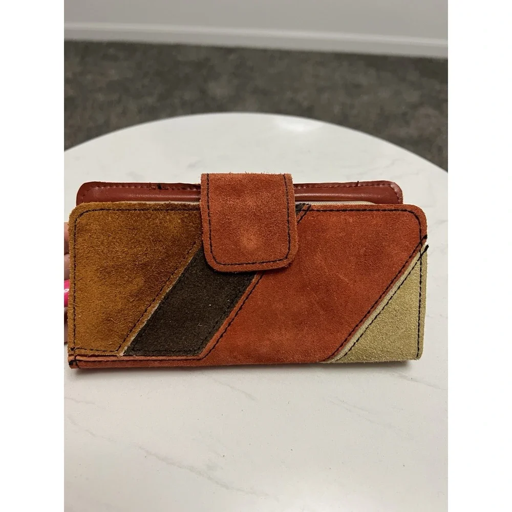 Vtg 1970s Patchwork Suede Leather Wallet‎ Organizer Boho Made in Hong Kong